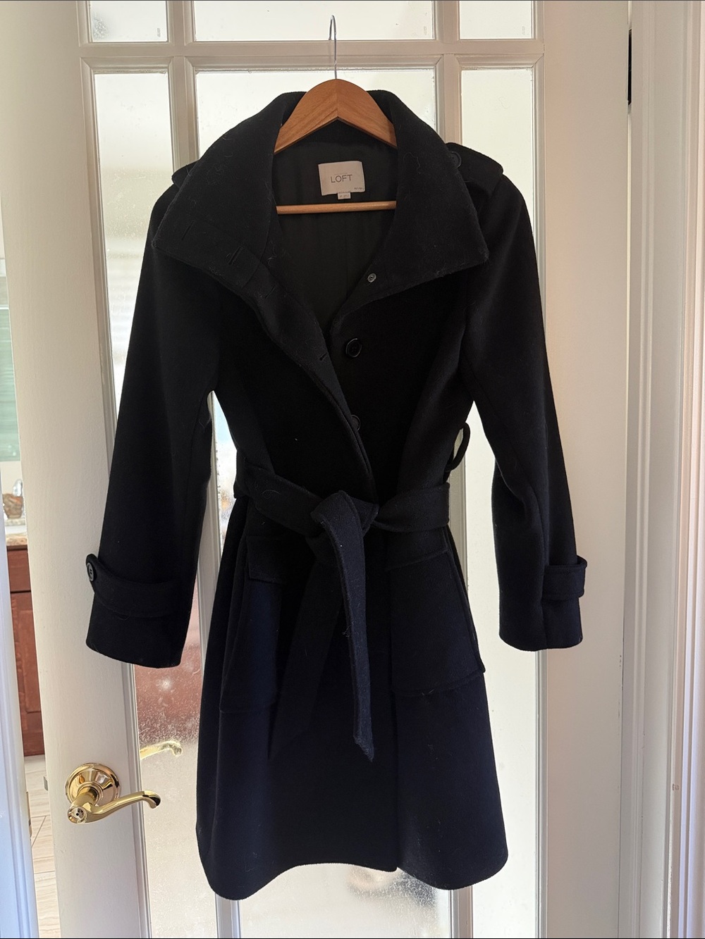 LOFT Black Belted Wool-Blend Trench Coat